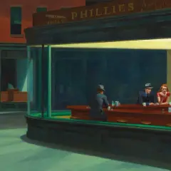 Nuit d'Edward Hopper : des clients isolés dans un diner éclairé la nuit, une scène emblématique de la solitude urbaine.