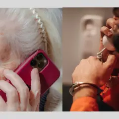 Une femme âgée parle au téléphone, tandis qu'un homme menotté, en orange, écoute. La signification : les murs ont des oreilles.