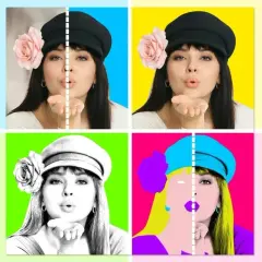 Exposé sur le pop art : quatre étapes montrant la transformation d'une photo de femme en style Warhol, du cadrage à la colorisation vibrante.