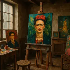 Atelier d'artiste avec plusieurs peintures de Frida Kahlo. Une grande toile sur un chevalet montre son portrait emblématique.