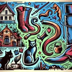 Dans cette peinture stylisée, le chat bleu, au regard perçant, semble observer un monde peuplé de bottes, de maisons et d'objets étranges.