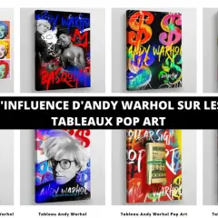 Œuvres pop art inspirées par le mouvement artistique d'Andy Warhol : Marilyn Monroe, dollars, pistolet, boîtes de soupe.