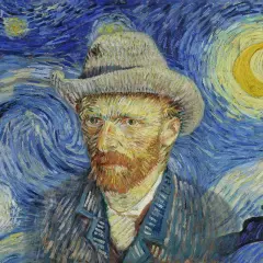 Portrait de Vincent van Gogh, peintre, sous un ciel étoilé tourbillonnant. La lune jaune brille.
