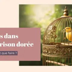 Un canari jaune est enfermé dans une cage dorée ornée, symbolisant une prison dorée. Le texte demande : "Pourquoi et que faire ?