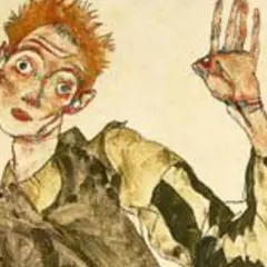 Autoportrait d'Egon Schiele, visage expressif, main levée, style expressionniste.