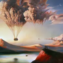 Un ballon en forme de cœur, nuageux, s'élève au-dessus d'un paysage onirique. Deux silhouettes contemplent l'horizon dans cet art surréaliste.