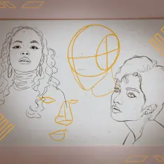 Une étude de portrait au trait, montrant trois visages esquissés et une tête géométrique.