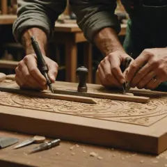 Artisan sculptant un motif complexe sur du bois, un savoir-faire qui voyage aux quatre coins du monde.