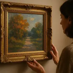 Une femme ajuste un tableau représentant un chemin forestier automnal, son cadre doré orné ajoutant une touche d'élégance.