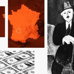 Portrait de Modigliani en noir et blanc, à côté d'une carte de France orange et de billets de dollars.