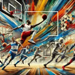 L'art des sports en mouvement : des joueurs de basket-ball s'affrontent dans une explosion de couleurs vives, capturant l'énergie et la passion du jeu.