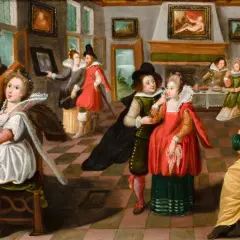 Scène de genre : une femme joue de l'orgue, un homme la regarde, d'autres personnages vaquent à leurs occupations dans une pièce animée.