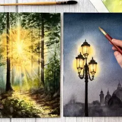 Découvrez la magie de l'aquarelle : une forêt baignée de soleil et un lampadaire illuminant une ville brumeuse.