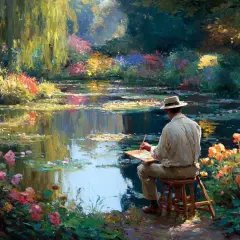 Un artiste, dans un jardin luxuriant, capture l'essence de l'impressionnisme Monet au bord de l'eau.