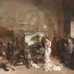 L'atelier de Gustave Courbet, une scène animée avec un peintre, un modèle nu, des spectateurs et des animaux.