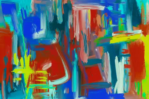 Une explosion de couleurs vives, une **abstraction def** qui évoque l'énergie et le mouvement. Des touches de rouge, bleu, jaune et vert se mélangent.