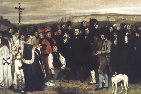 Une peinture réaliste connue dépeint une foule en deuil, un prêtre, un enfant portant une lanterne et un chien, sous un ciel sombre.