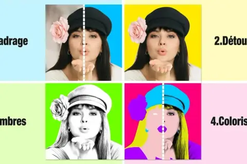 Exposé sur le pop art : quatre étapes montrant la transformation d'une photo de femme en style Warhol, du cadrage à la colorisation vibrante.