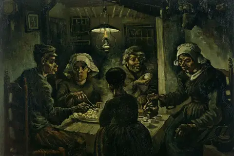 Les Mangeurs de pommes de terre, une œuvre emblématique du courant artistique de Van Gogh, dépeint une famille paysanne partageant un repas humble sous la lumière d'une lampe.