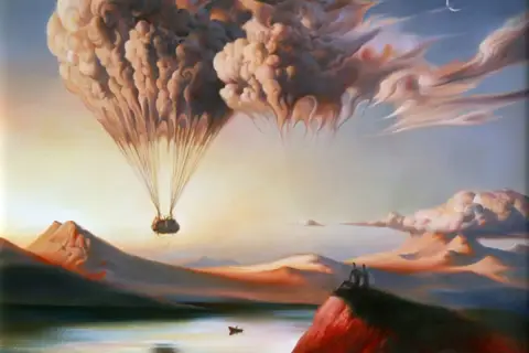 Un ballon en forme de cœur, nuageux, s'élève au-dessus d'un paysage onirique. Deux silhouettes contemplent l'horizon dans cet art surréaliste.