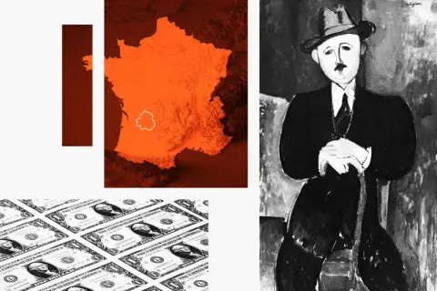 Portrait de Modigliani en noir et blanc, à côté d'une carte de France orange et de billets de dollars.