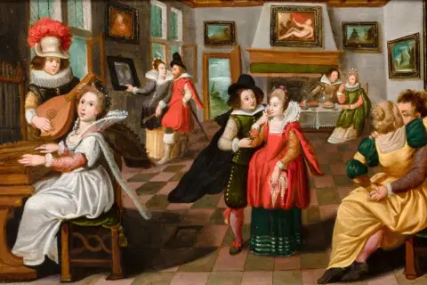 Scène de genre : une femme joue de l'orgue, un homme la regarde, d'autres personnages vaquent à leurs occupations dans une pièce animée.
