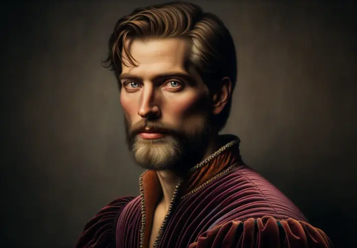 Une oeuvre d'art portrait d'un homme à la barbe soignée, aux yeux bleus perçants, vêtu d'une tunique pourpre richement ornée.