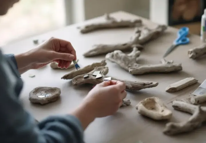 Mains créatives assemblant des morceaux de bois flotté et des miroirs pour une œuvre d'art maison.
