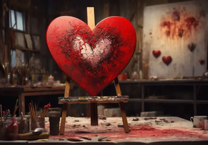 Un cœur rouge texturé sur un chevalet, au milieu d'un atelier d'artiste. Une œuvre qui capture la représentation de l'amour dans l'art.