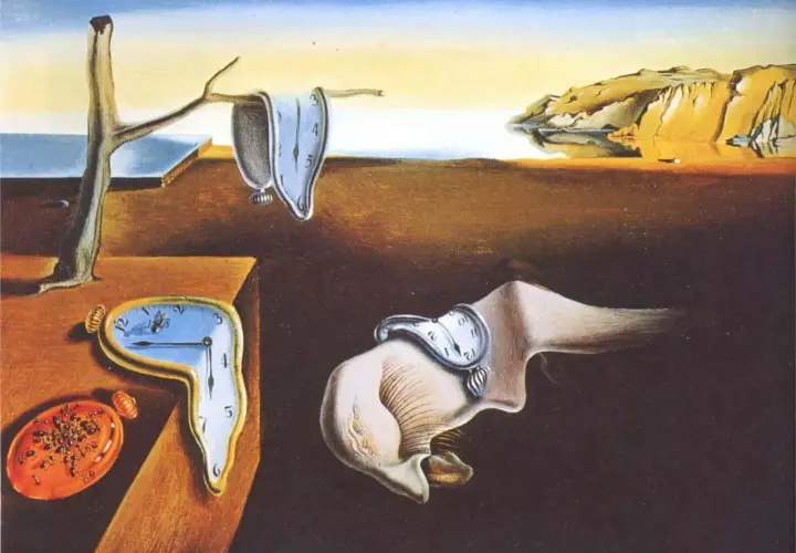 Dally peintre et ses montres molles, symboles du temps qui s'écoule dans un paysage surréaliste.
