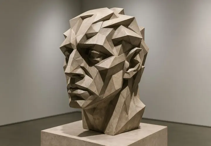 Sculpture d'une tête aux formes géométriques, le regard intense et pensif. Une œuvre d'art qui captive par son style unique.