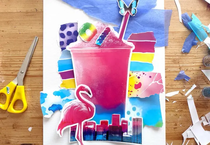 Collage pop art vibrant : un grand gobelet rose de granité, un flamant rose, un papillon et une ville.