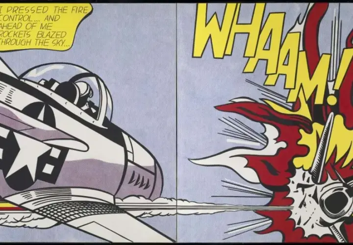 Un avion de chasse tire des roquettes, une explosion retentit. La **roy lichtenstein technique** imite les comics avec des points Ben-Day.