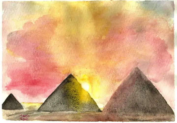 Aquarelle de pyramides dans un ciel rose et jaune. La composition pyramidale met en valeur le soleil levant derrière la plus grande pyramide.