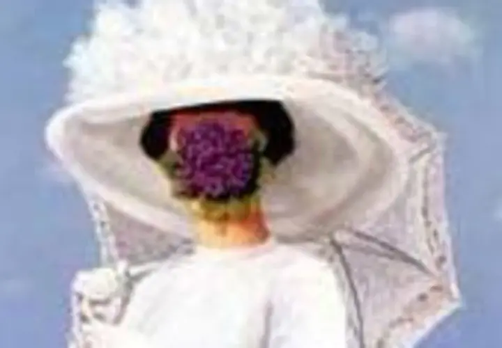 Une femme au chapeau blanc, visage caché par des fleurs, dans une œuvre de René Magritte.