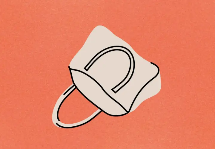 Sac beige stylisé sur fond orange. Il est temps de tout vider son sac et de faire le tri.