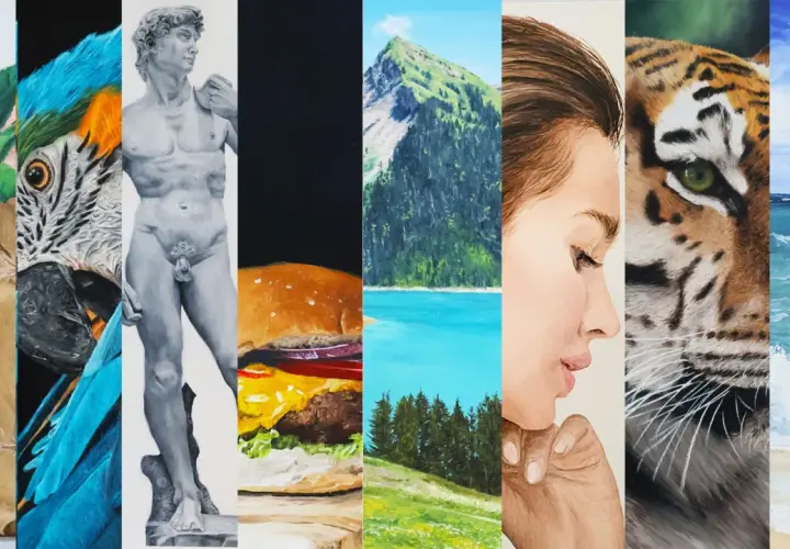 Un collage de peintures à l'huile : fleurs, perroquet, David, burger, paysage de montagne, portrait, tigre, mer. Un modele peinture à l'huile facile.