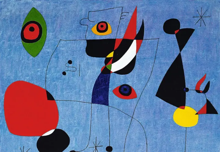 Œuvre de l'artiste Miro, un tableau abstrait bleu vif avec des formes géométriques et des yeux stylisés.