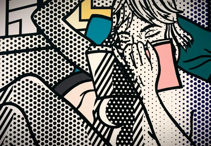 Une femme en larmes, typique du **Lichtenstein pop art**, se tient la tête. Les points Ben-Day et les couleurs vives créent une scène dramatique.