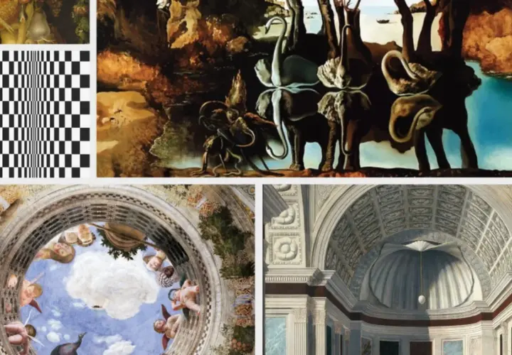 Collage d'oeuvres d'art : éléphants surréalistes, damier optique, anges célestes et architecture classique. Une oeuvre d'art tristesse émane de la scène surréaliste.