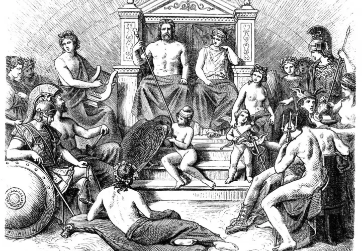 Scène mythologique : Zeus et Héra sur un trône, entourés de dieux et de figures, évoquant l'ouverture de la boite de Pandore.