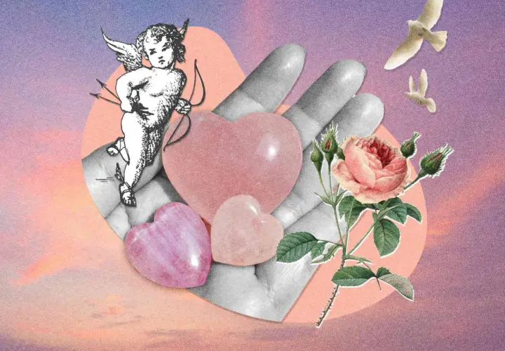 Une peinture d'amour et de passion : une main tenant des cœurs, un cupidon, une rose et des oiseaux dans un ciel pastel.