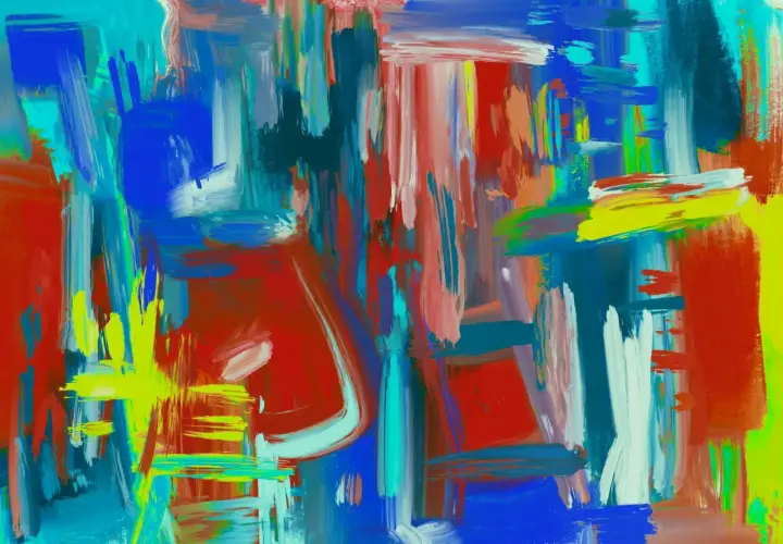 Une explosion de couleurs vives, une **abstraction def** qui évoque l'énergie et le mouvement. Des touches de rouge, bleu, jaune et vert se mélangent.