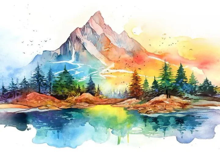 Un peintre aquarelle contemporain capture un paysage de montagne vibrant, avec un lac reflétant les couleurs vives du ciel et de la nature.