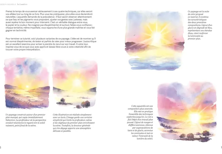 Aquarelles de paysages lumineux, où l'on peut peindre la nature avec des couchers de soleil éclatants et des ciels colorés.