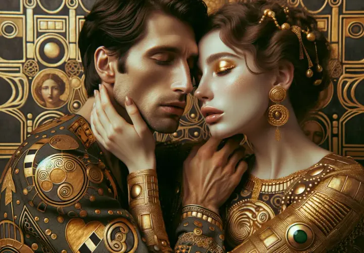 Un tableau représentant l'amour, un couple aux vêtements ornés d'or, leurs visages se rapprochant dans une étreinte tendre.