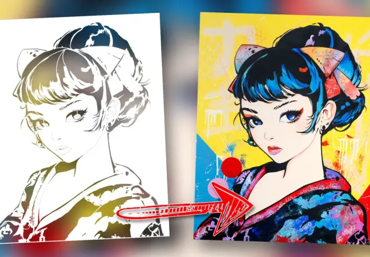 Une esquisse en noir et blanc d'une jeune femme se transforme en une vibrante peinture japonaise, pleine de couleurs vives et de détails expressifs.