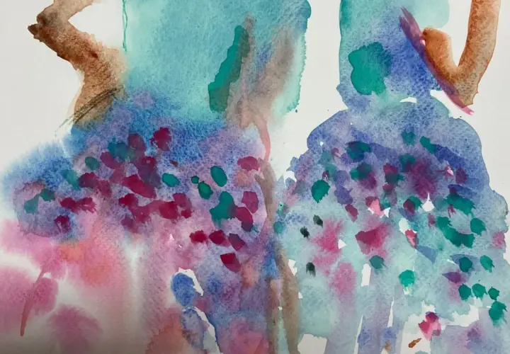 Composition aquarelle abstraite aux teintes bleues, violettes et roses, évoquant des fleurs ou des baies.