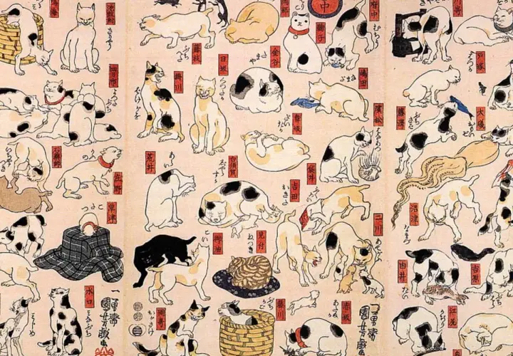 Une célèbre peinture japonaise de chats, montrant une multitude de félins dans diverses poses et activités.
