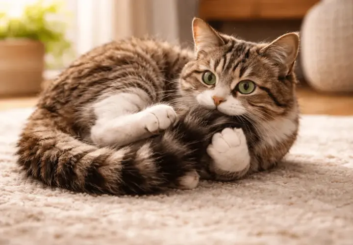 Un chat tigré aux yeux verts, enroulé sur un tapis, semble jouer avec sa queue, une scène qui évoque l'expression "le chat qui se mord la queue".